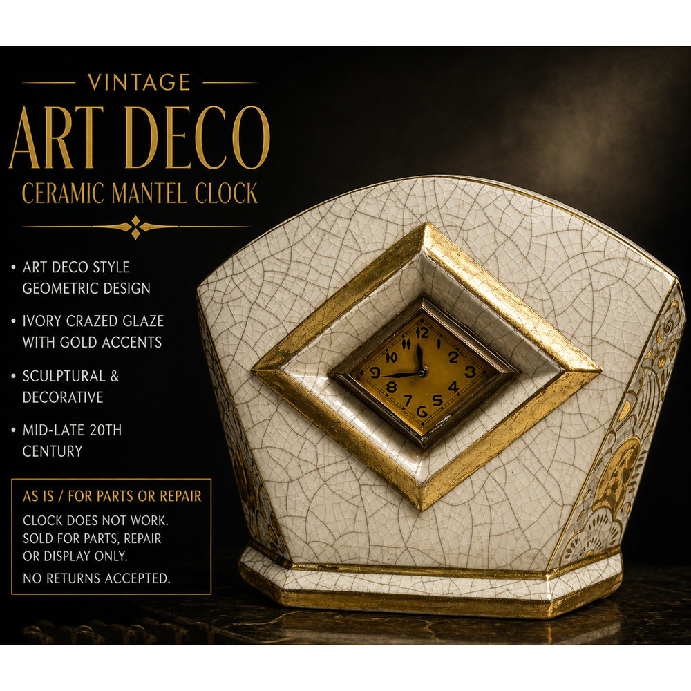 Vintage Art Deco Style Mantel Clock Ceramic Gold Crazed Glaze Parts Repair